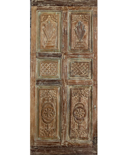 Antique Carved Wood Single Door Distressed Green Hinged or Barn Door 80x35