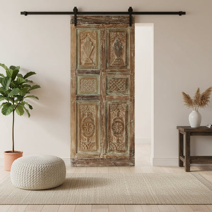 Antique Carved Wood Single Door Distressed Green Hinged or Barn Door 80x35