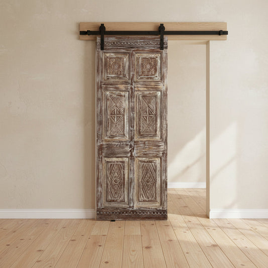 Antique Carved Single Door Floral Statement Barn Door Feature Wall Art 80x31