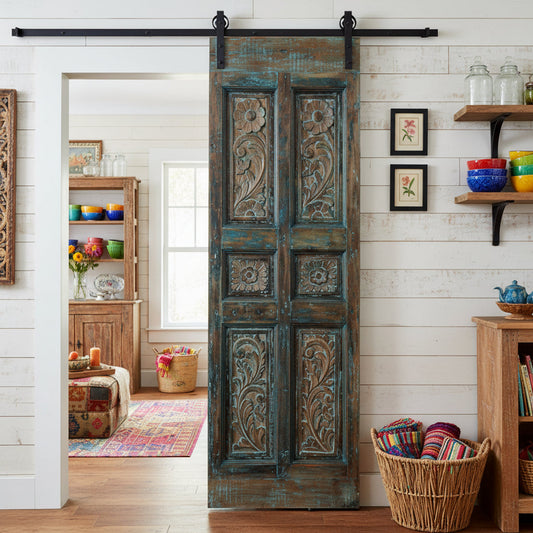 Antique Carved Teal Pantry Door - Feature Wall Art Barn Door Panel 80x27