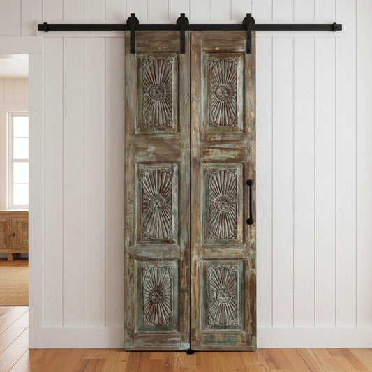 Vintage Sunburst Carved Barn Door Reclaimed Wood French Doors 80x32