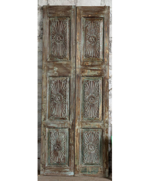 Vintage Sunburst Carved Barn Door Reclaimed Wood French Doors 80x32