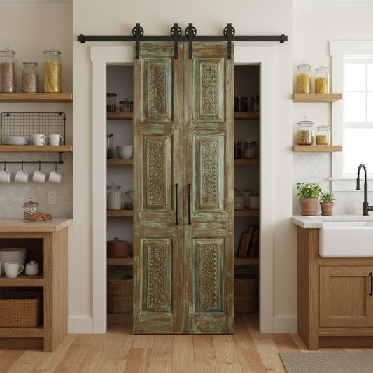 Antique Carved Green French Doors - Feature Wall Art Barn Door Panel 80x27