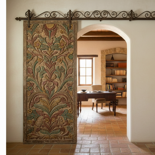 Vintage Carved Door Tree Of Life Colorful Feature Wall Art Sliding Barn Door 80x36