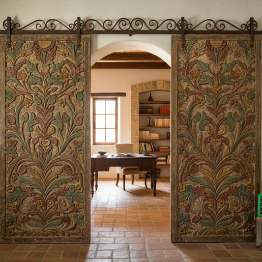 Vintage Carved Door Tree Of Life Colorful Feature Wall Art Sliding Barn Door 80x36