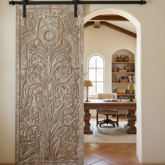 Vintage Carved Door Tree Of Life Whitewash Sliding Door Wall Art Panel 80x36