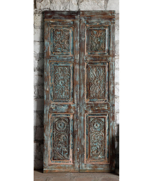 Antique Carved Closet Door Blue Floral Hinged or Sliding Barn Door Panel 80x35