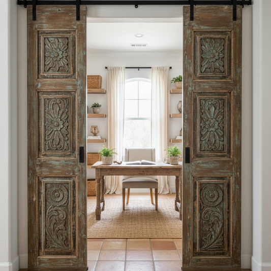 Antique Carved Closet Door Blue Floral Hinged or Sliding Barn Door Panel 80x35