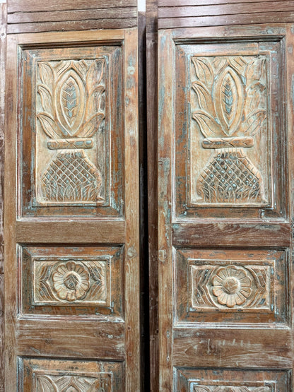 Antique Carved Double Doors Floral Vase Design Wooden Pantry Barn Door 80x36