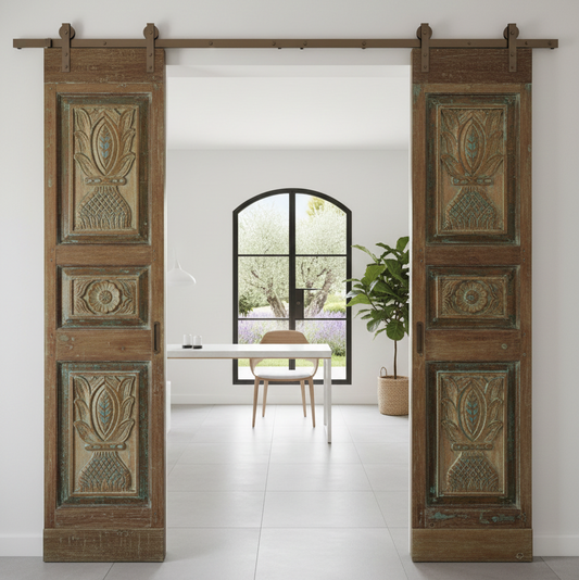 Antique Carved Double Doors Floral Vase Design Wooden Pantry Barn Door 80x36