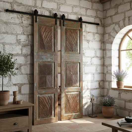 Vintage Carved Closet Doors Blue Floral Reclaimed Wood Double Door 80x38