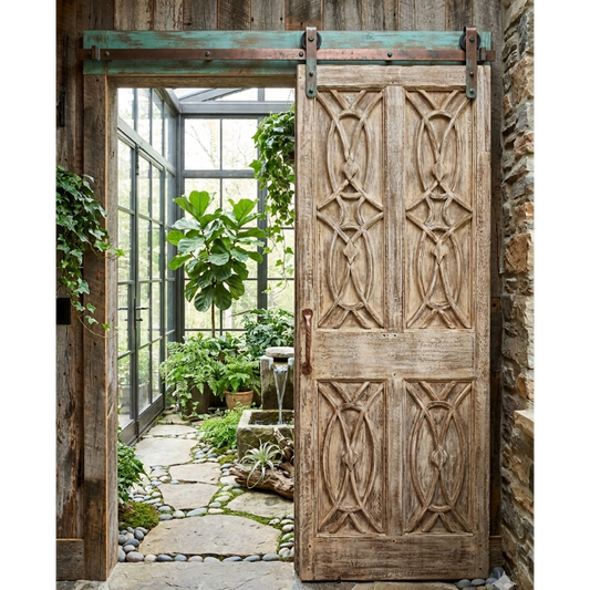 Antique Carved Wood Double Doors Distressed White Barn Doors 80x30