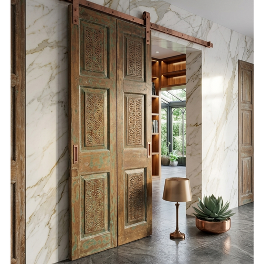 Antique Artisan Carved Double Doors Distressed Green Barn Door 80