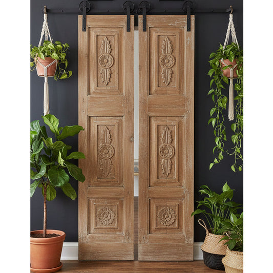 Antique Carved French Doors Floral Distress Wood Sliding or Hinged Barn Door 80