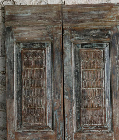 Vintage Carved Wood Double Doors Blue Gray Barn Doors 80x34