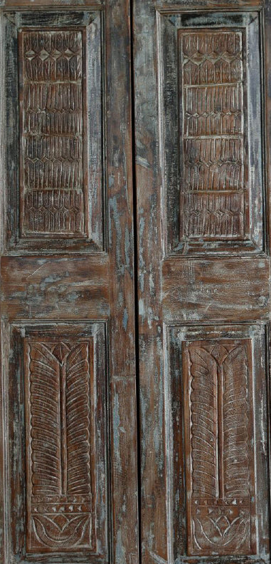 Vintage Carved Wood Double Doors Blue Gray Barn Doors 80x34