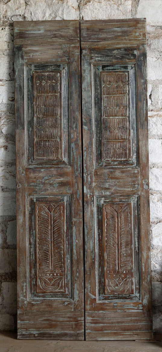 Vintage Carved Wood Double Doors Blue Gray Barn Doors 80x34