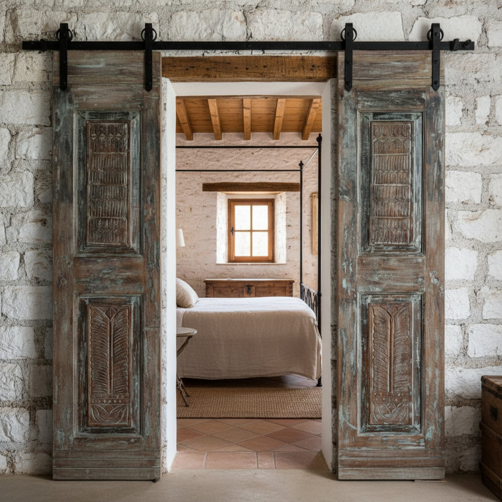 Vintage Carved Wood Double Doors Blue Gray Barn Doors 80x34