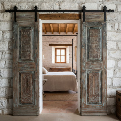 Vintage Carved Wood Double Doors Blue Gray Barn Doors 80x34
