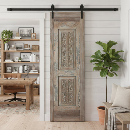Antique Carved Wood Door Distressed Gray Floral Sliding Barn Doors 96x27