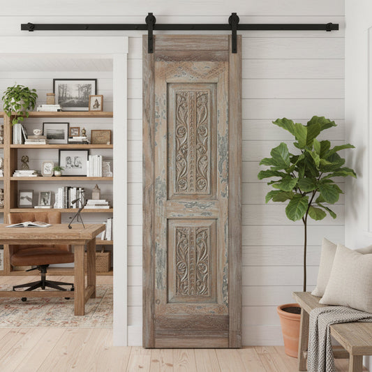 Antique Carved Wood Door Distressed Gray Floral Sliding Barn Doors 96x27