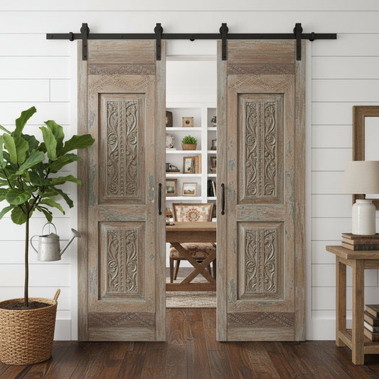 Antique Carved Wood Door Distressed Gray Floral Sliding Barn Doors 96x27