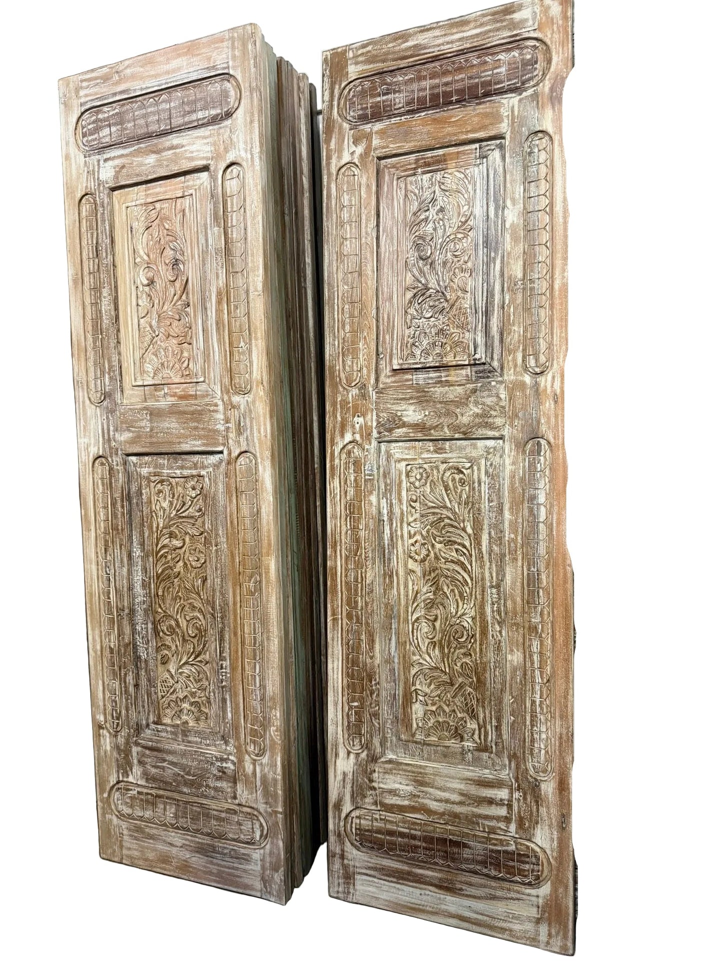 Antique Carved Wooden Door Panel | Distressed Whitewash Floral Barn Door 96x27