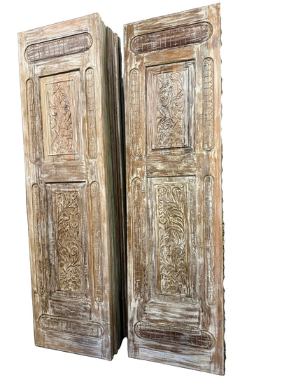 Antique Carved Wooden Door Panel | Distressed Whitewash Floral Barn Door 96x27