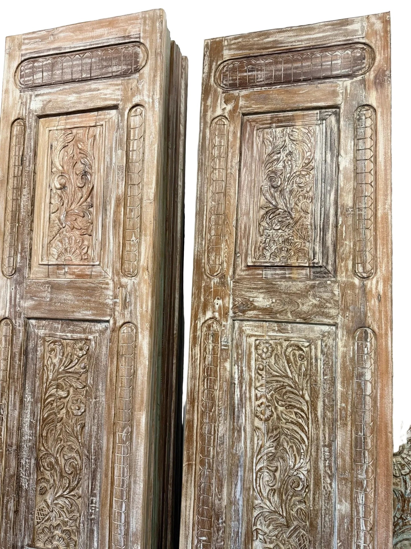 Antique Carved Wooden Door Panel | Distressed Whitewash Floral Barn Door 96x27