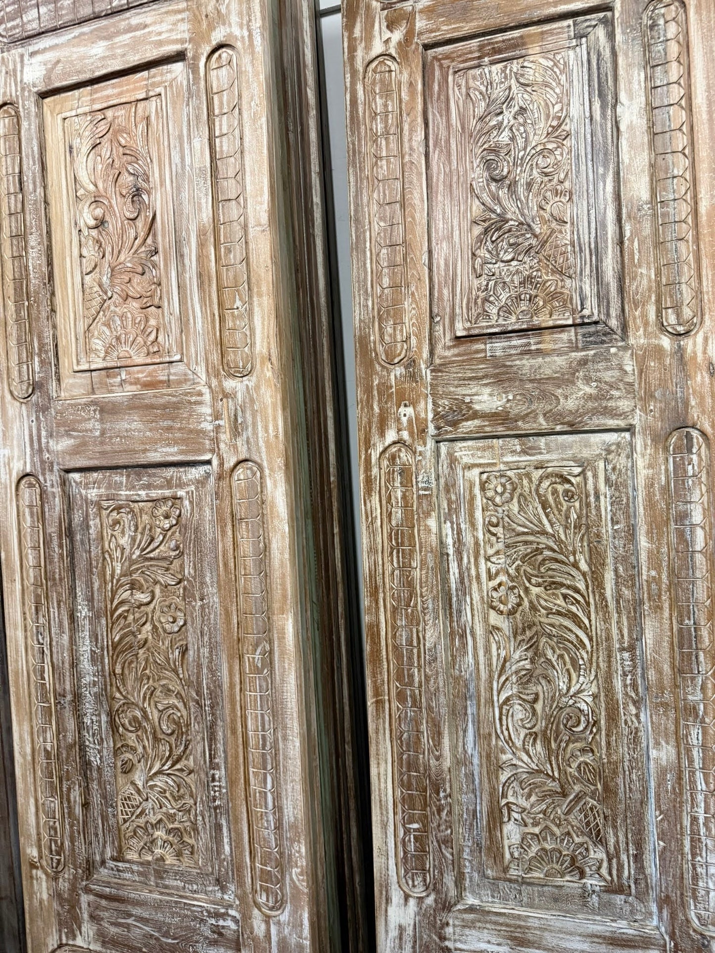 Antique Carved Wooden Door Panel | Distressed Whitewash Floral Barn Door 96x27
