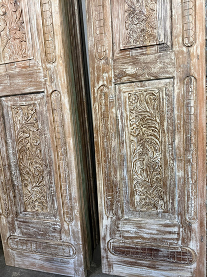Antique Carved Wooden Door Panel | Distressed Whitewash Floral Barn Door 96x27