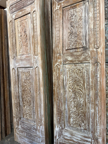 Antique Carved Wooden Door Panel | Distressed Whitewash Floral Barn Door 96x27