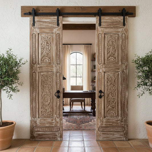 Antique Carved Wooden Door Panel | Distressed Whitewash Floral Barn Door 96x27