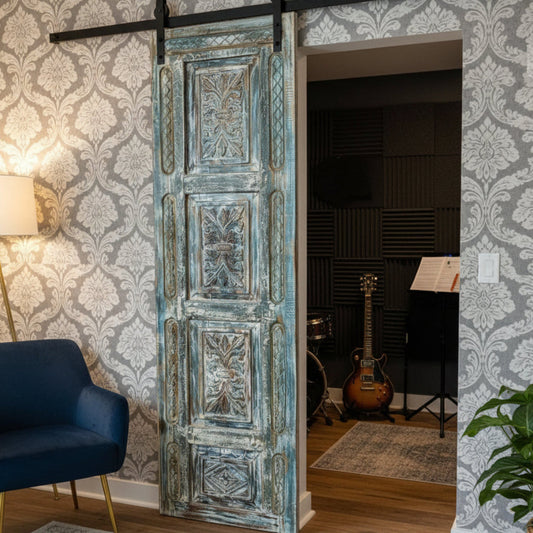 Vintage Carved Door Blue Floral Interior Single Sliding Door 96x29.5