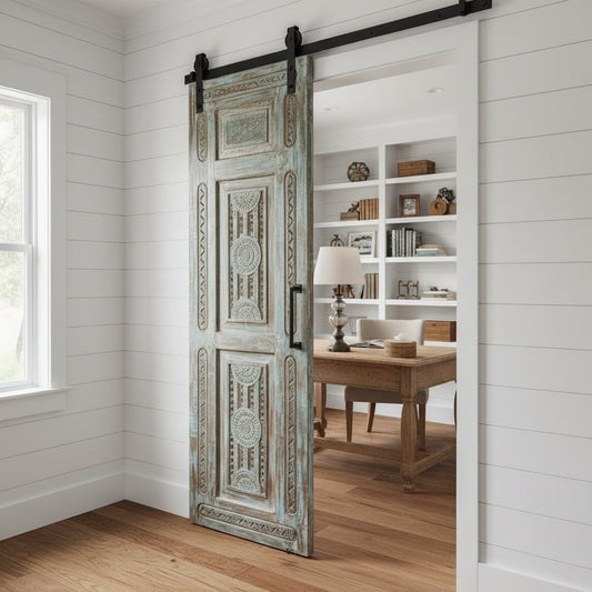 Antique Carved Door Distress Blue Floral Bedroom Entry Doors 96x31.5