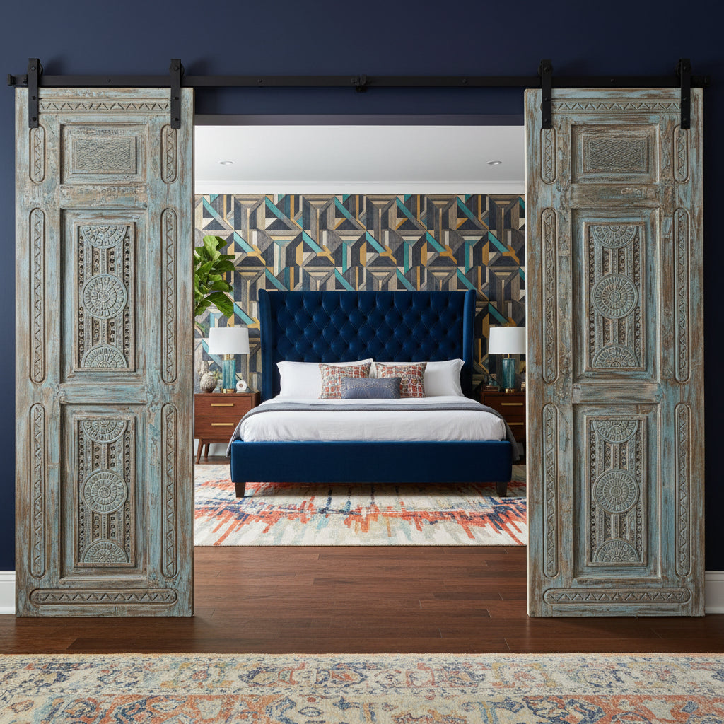 Antique Carved Door Distress Blue Floral Bedroom Entry Doors 96x31.5