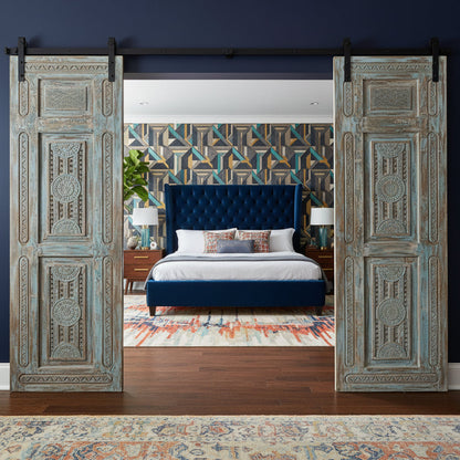 Antique Carved Door Distress Blue Floral Bedroom Entry Doors 96x31.5