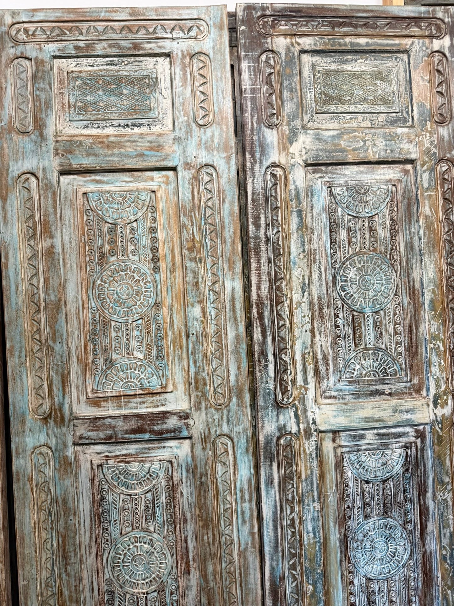 Antique Carved Door Distress Blue Floral Bedroom Entry Doors 96x31.5