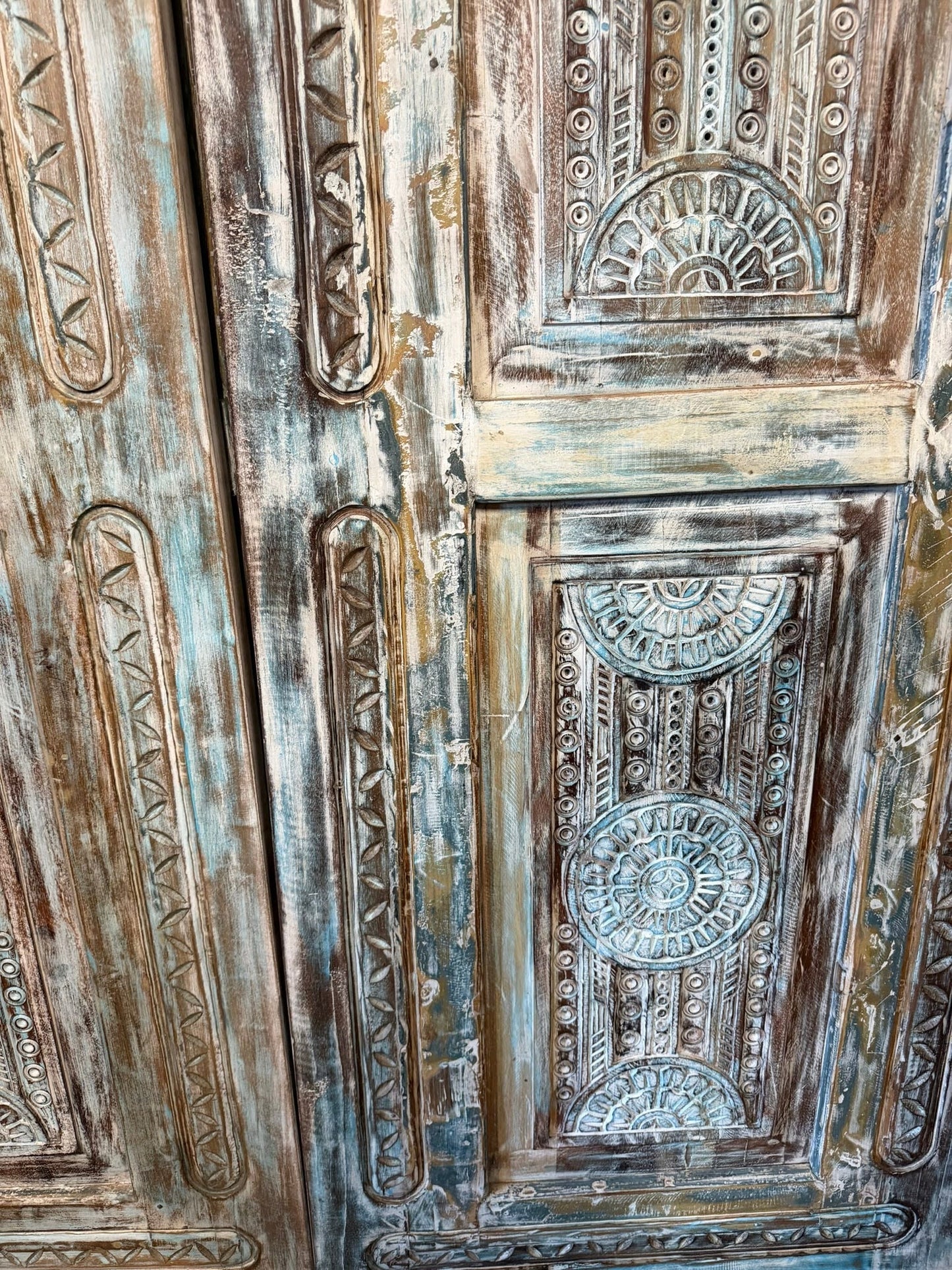 Antique Carved Door Distress Blue Floral Bedroom Entry Doors 96x31.5