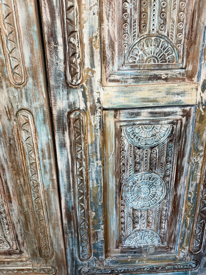 Antique Carved Door Distress Blue Floral Bedroom Entry Doors 96x31.5