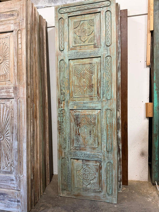 Antique Carved Door Blue Floral Panty Door Rustic Bedroom Barn Door 96x29.5
