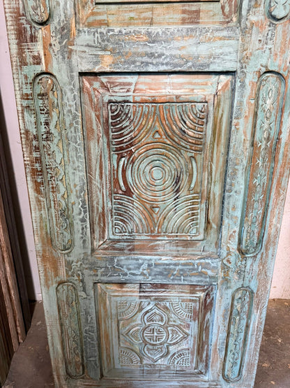 Antique Carved Door Blue Floral Panty Door Rustic Bedroom Barn Door 96x29.5
