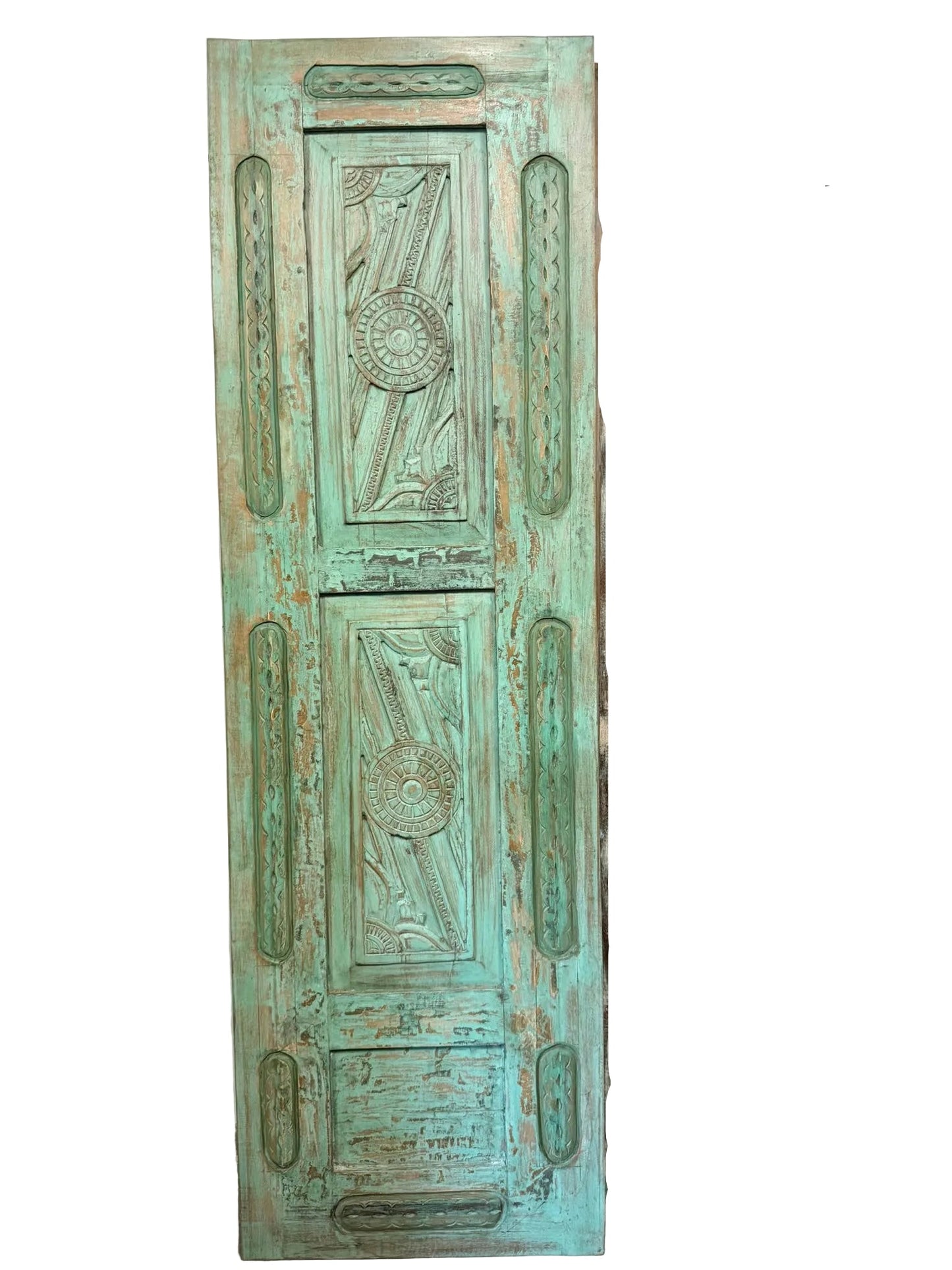 Vintage Carved Wood Door Green Floral Single Sliding Barn Door 96x29.5