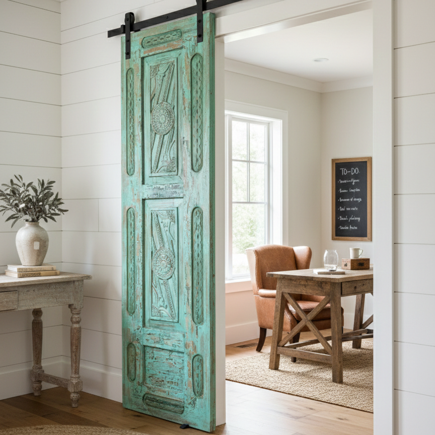 Vintage Carved Wood Door Green Floral Single Sliding Barn Door 96x29.5