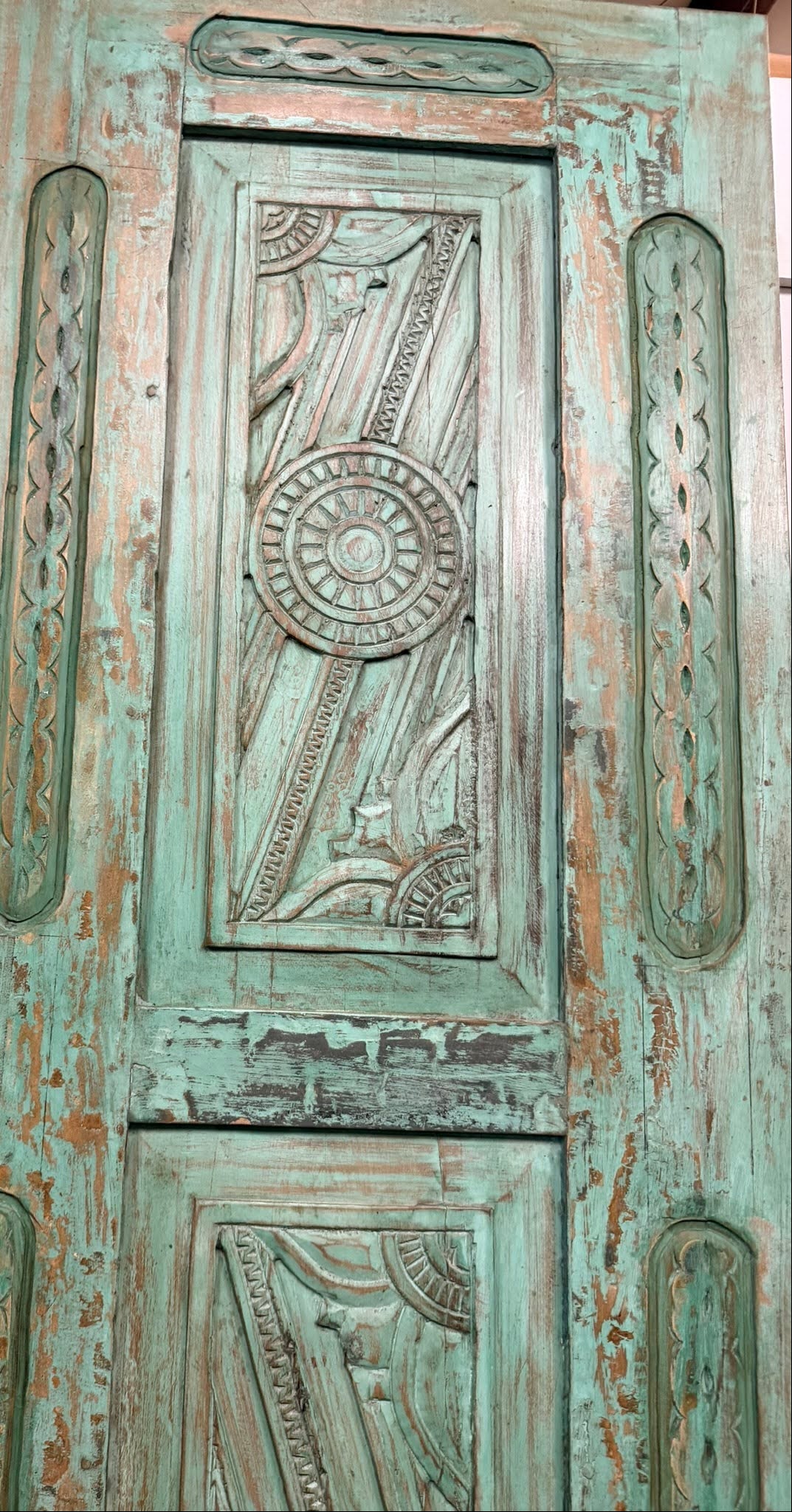 Vintage Carved Wood Door Green Floral Single Sliding Barn Door 96x29.5
