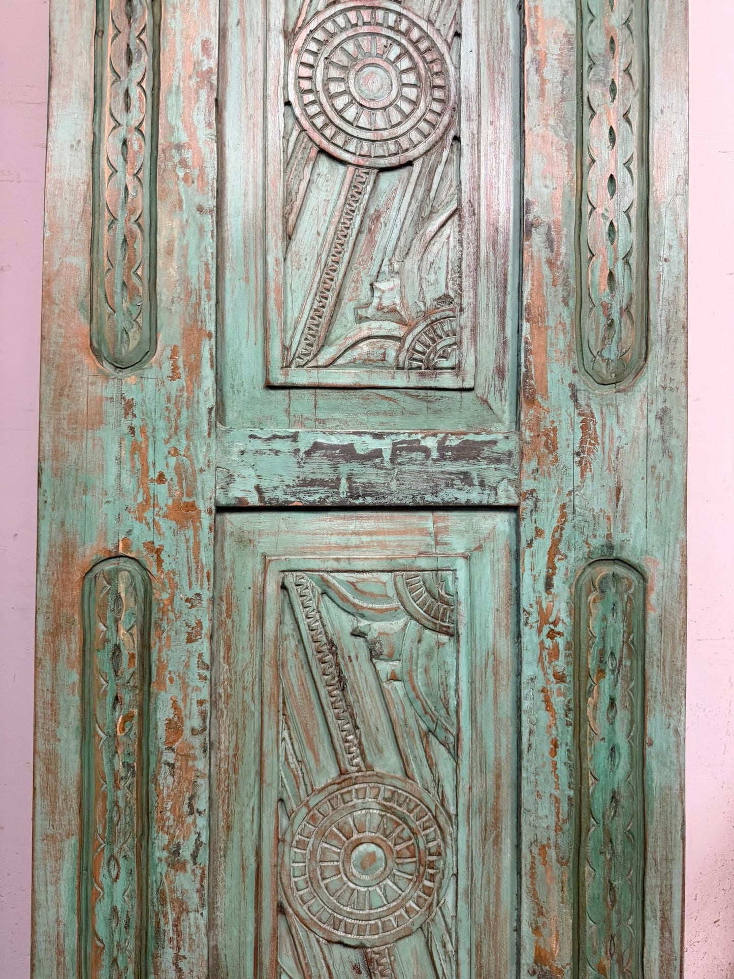 Vintage Carved Wood Door Green Floral Single Sliding Barn Door 96x29.5