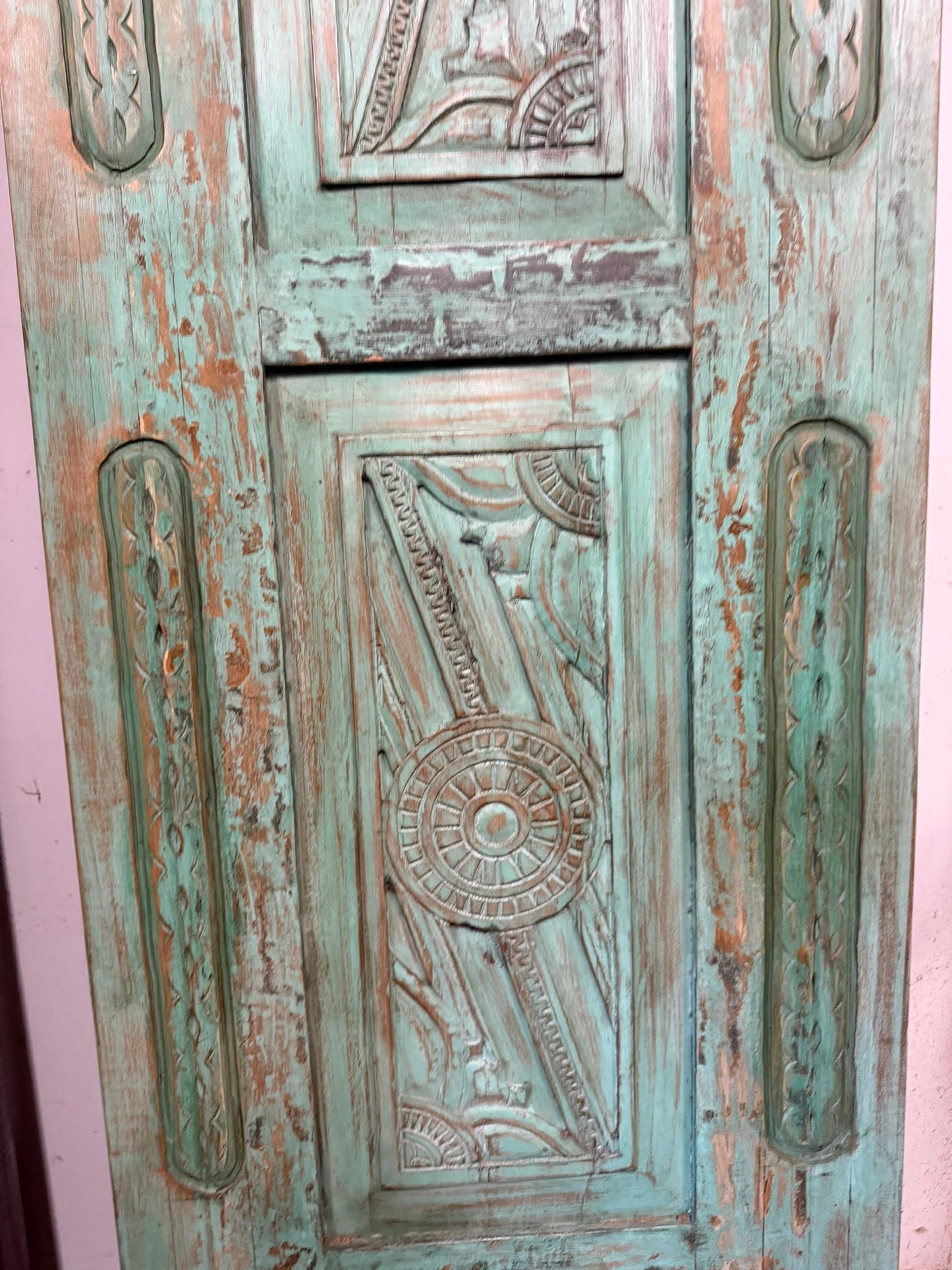 Vintage Carved Wood Door Green Floral Single Sliding Barn Door 96x29.5
