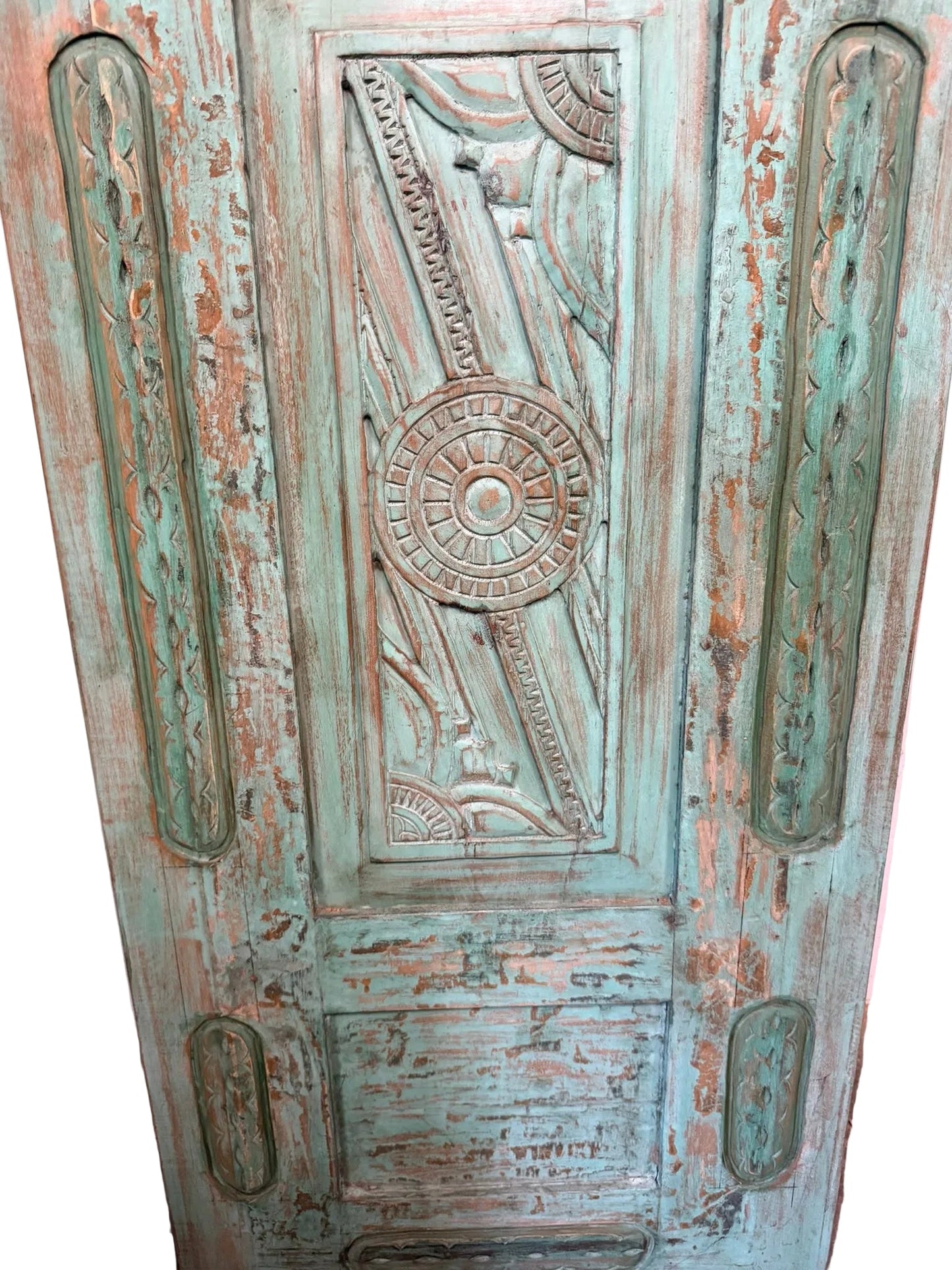 Vintage Carved Wood Door Green Floral Single Sliding Barn Door 96x29.5