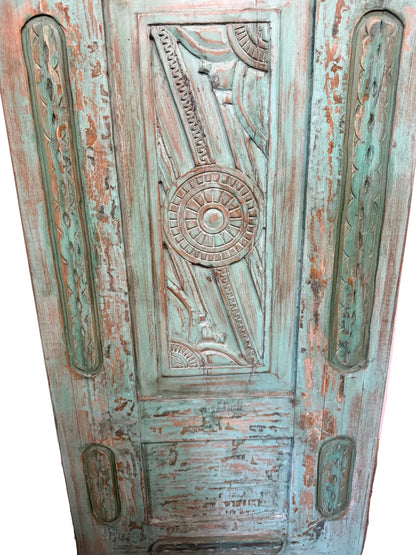 Vintage Carved Wood Door Green Floral Single Sliding Barn Door 96x29.5