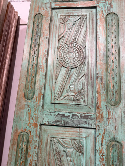Vintage Carved Wood Door Green Floral Single Sliding Barn Door 96x29.5